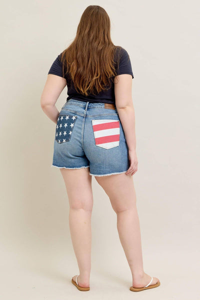 Judy Blue High Waist Front & Back Pocket American Flag Fray Hem Denim Short 150321-Shorts-Sunshine and Wine Boutique