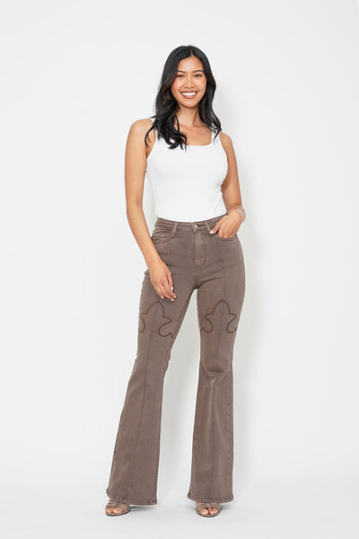 Judy Blue High Waist Garment Dyed Knee Seam Detail & Shield Pockets Flare Denim 88846-Jeans-Sunshine and Wine Boutique