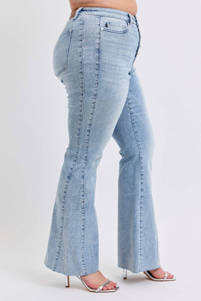 Judy Blue Mid Rise Button Fly Rhinestone Side Panel Detail Flare Denim Jeans 88895-Jeans-Sunshine and Wine Boutique