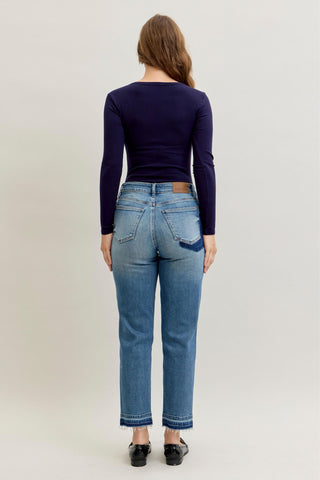 Judy Blue Mid Rise Patch & Repair Destroy Release Hem Boyfriend Denim Jeans 881045