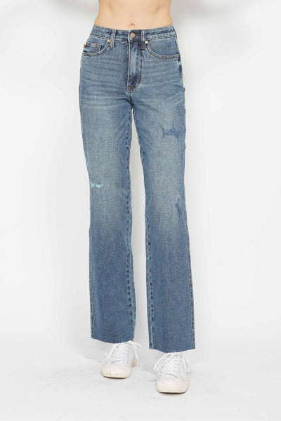 Judy Blue High Waist "Tummy Control" Raw Hem Straight Denim 88848-Jeans-Sunshine and Wine Boutique