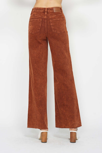 Judy Blue High Waist Garment Dyed Pumpkin Spice Raw Hem Retro Wide Leg Denim 88888-Jeans-Sunshine and Wine Boutique