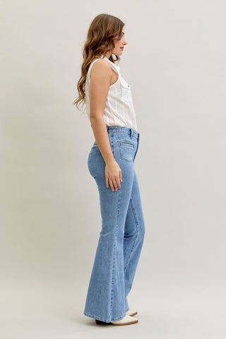 Judy Blue High Waist Front Patch & Welt Pockets Flare Denim Jeans 881055