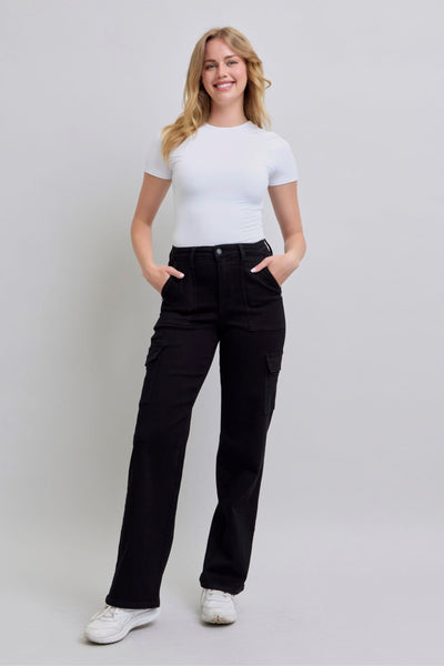 Judy Blue High Waist Cargo Wide Leg Black Denim Jeans 88886-Jeans-Sunshine and Wine Boutique