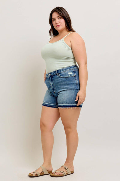 Judy Blue Mid Rise Tummy Control Vintage Wash Release Hem Denim Short 150299-Shorts-Sunshine and Wine Boutique