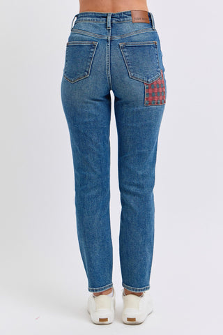 Judy Blue High Waist Plaid Patch Slim Denim Jeans 88868