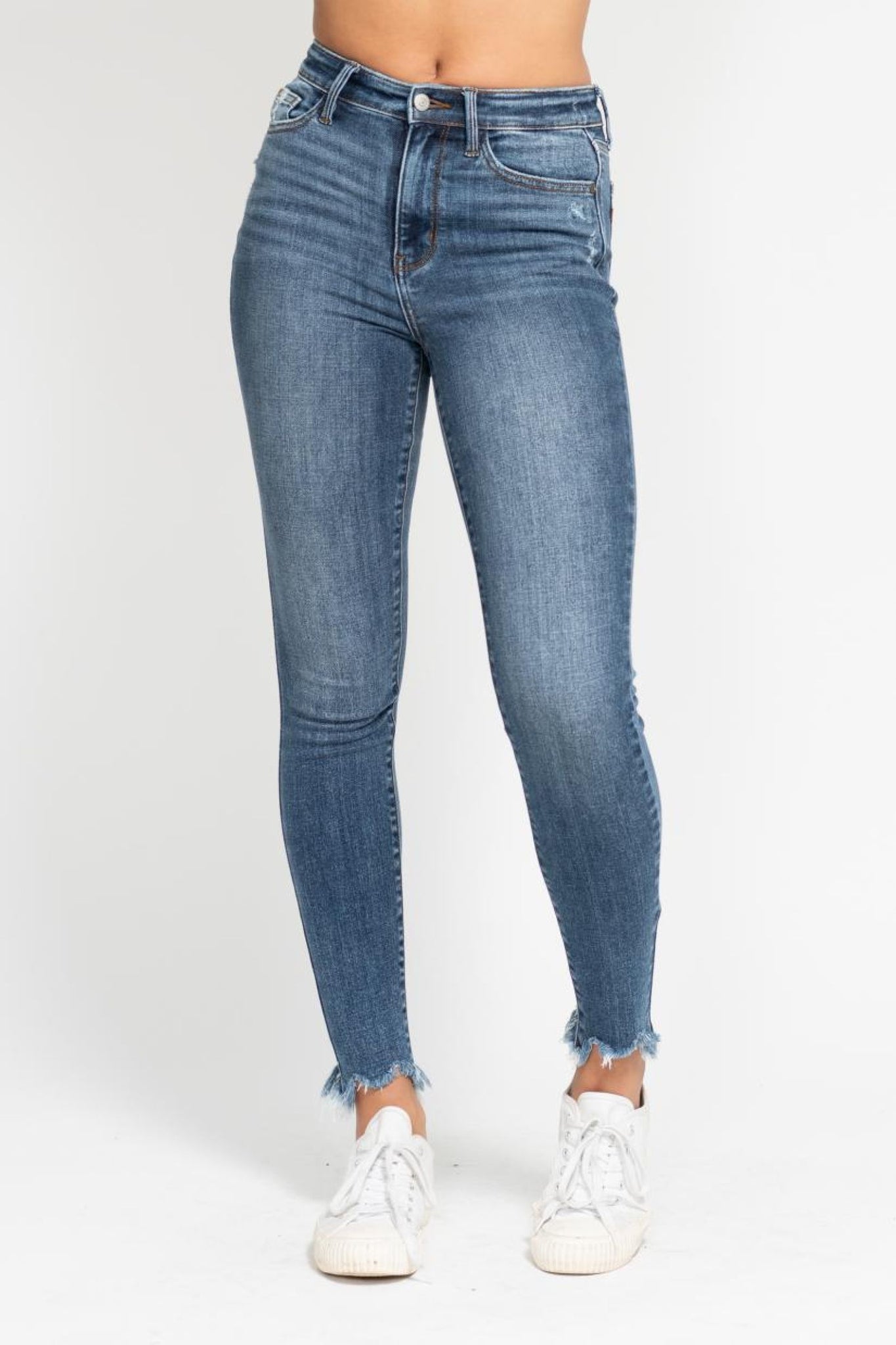 Judy Blue High Waist Destroy & Shark Bite Hem Skinny Denim Jeans 82491-Jeans-Sunshine and Wine Boutique