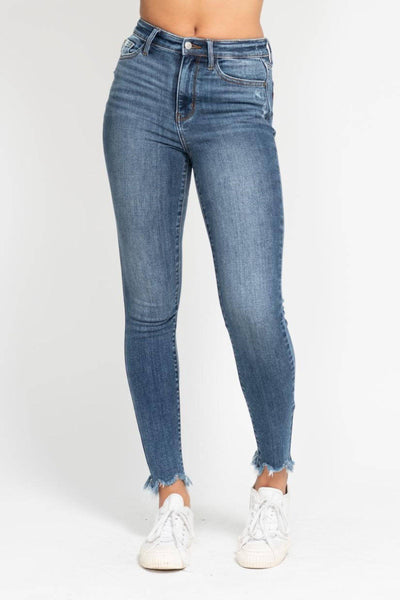 Judy Blue High Waist Destroy & Shark Bite Hem Skinny Denim Jeans 82491-Jeans-Sunshine and Wine Boutique