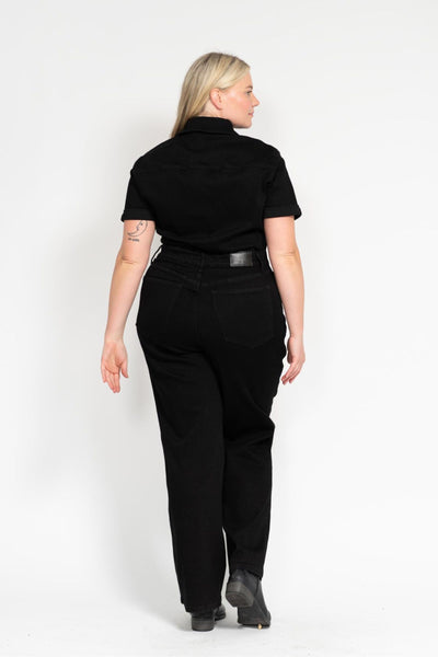 Judy Blue High Waist Garment Dyed Black Tummy Control Short Sleeve Straight Denim Jeans Jumpsuit 88853-Jeans-Sunshine and Wine Boutique