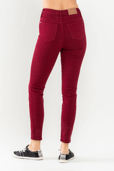 Judy Blue High Waist Tummy Control Garment Dyed Scarlet Skinny Denim 88760-Jeans-Sunshine and Wine Boutique