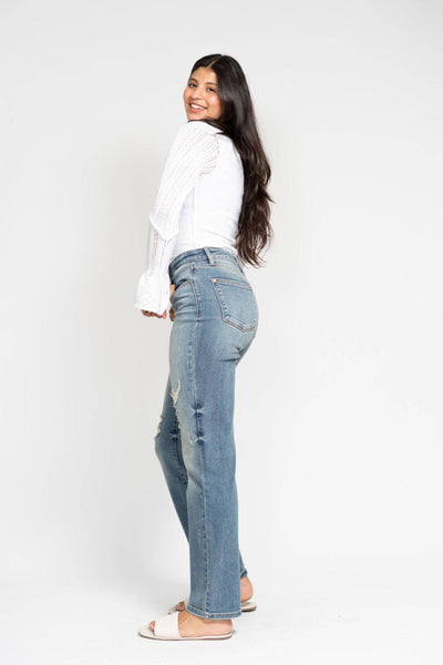 Judy Blue High Waist Harsh Tint & Destroy Straight Dad Denim Jeans 82641-Jeans-Sunshine and Wine Boutique