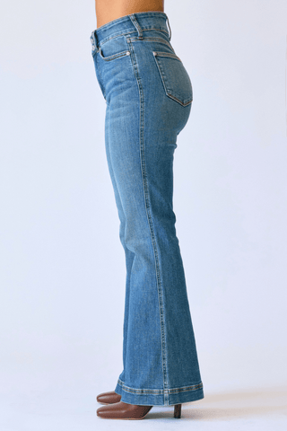 Judy Blue High Waist Tummy Control Double Button Flare Denim Jeans 881018 - Petite