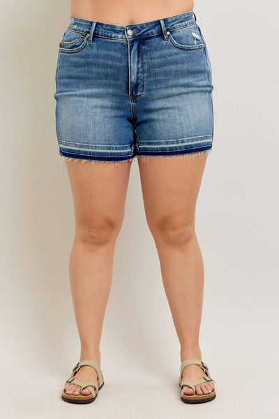 Judy Blue Mid Rise Tummy Control Vintage Wash Release Hem Denim Short 150299-Shorts-Sunshine and Wine Boutique