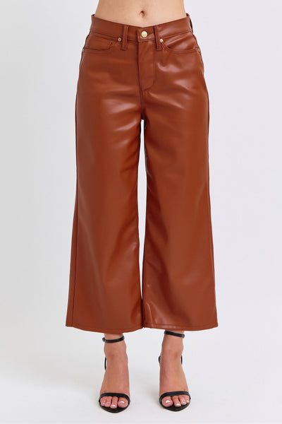 Judy Blue High Waist Tummy Control Camel Faux Leather Wide Leg Crop Denim Jeans 88900-Jeans-Sunshine and Wine Boutique