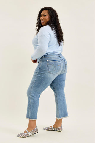 Judy Blue Mid Rise Frayed Hem Kick Flare Denim Jeans 82721