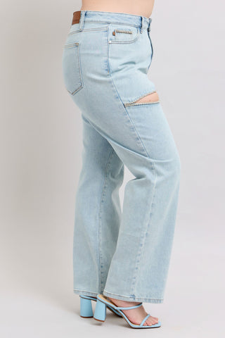 Judy Blue High Waist Rigid Magic Rhinestone Slits Detail Straight Denim Jeans 88954