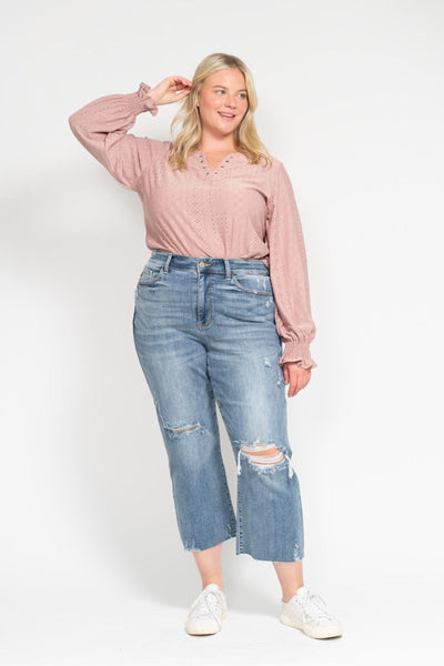 Judy Blue High Waist Destroy Wide Leg Crop Denim 82256-Jeans-Sunshine and Wine Boutique