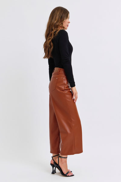 Judy Blue High Waist Tummy Control Camel Faux Leather Wide Leg Crop Denim Jeans 88900-Jeans-Sunshine and Wine Boutique