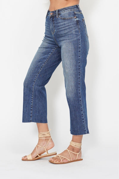 Judy Blue High Waist Back Pocket Embroidery Crop Wide Leg Denim 88873-Jeans-Sunshine and Wine Boutique