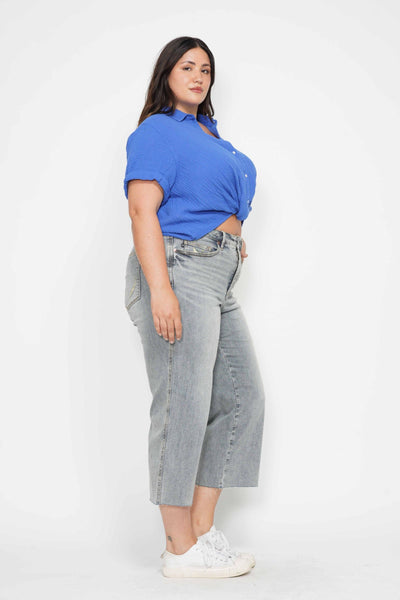 Judy Blue Mid Rise Tummy Control Raw Hem Wide Leg Crop Denim 88903-Jeans-Sunshine and Wine Boutique