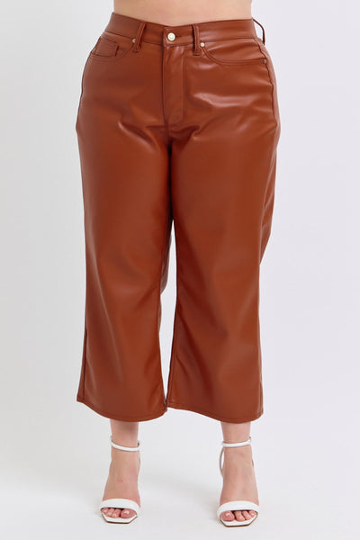 Judy Blue High Waist Tummy Control Camel Faux Leather Wide Leg Crop Denim Jeans 88900-Jeans-Sunshine and Wine Boutique