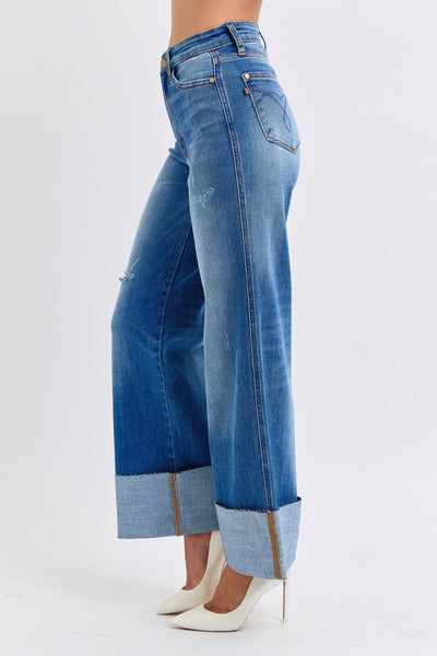 Judy Blue High Waist Retro Distressed Cuffed Wide Leg Jeans 82636 - Exclusive-Jeans-Sunshine and Wine Boutique