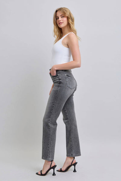 Judy Blue High Waist Rhinestone Gray Straight Denim Jeans 88919-Jeans-Sunshine and Wine Boutique