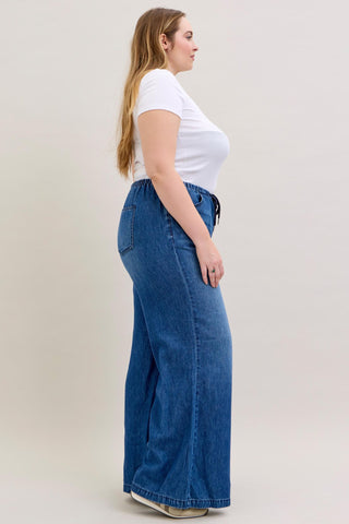 Judy Blue High Waist Featherweight Elastic Waistband Drawstring Palazzo Denim Jeans 881047