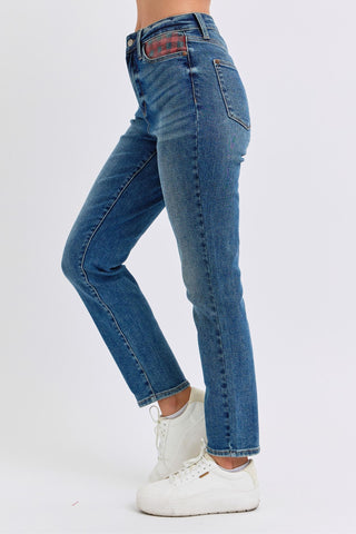 Judy Blue High Waist Plaid Patch Slim Denim Jeans 88868