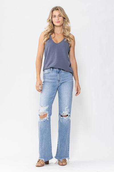 Judy Blue High Waist 90's Knee Destroy Straight Denim 82502-Jeans-Sunshine and Wine Boutique