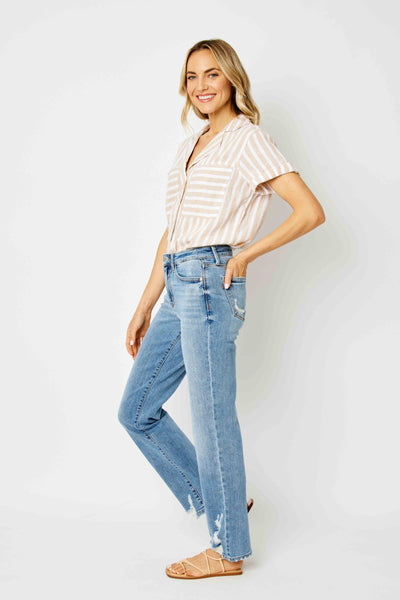 Judy Blue High Waist Heavy Destroy Straight Denim Jeans 82470-Jeans-Sunshine and Wine Boutique