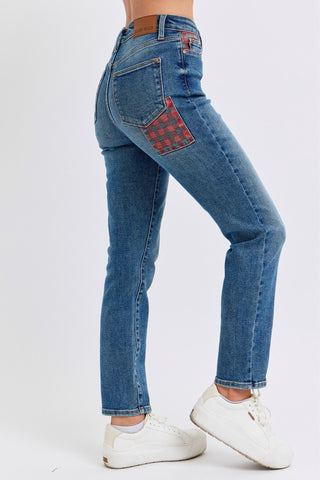 Judy Blue High Waist Plaid Patch Slim Denim Jeans 88868
