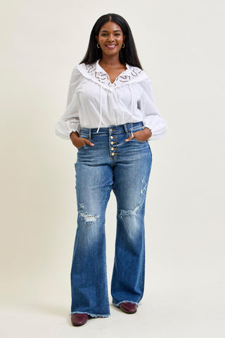 Judy Blue Mid Rise Button Fly Destroyed Fray Hem Flare Denim Jeans 82638