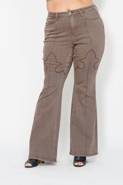 Judy Blue High Waist Garment Dyed Knee Seam Detail & Shield Pockets Flare Denim 88846-Jeans-Sunshine and Wine Boutique