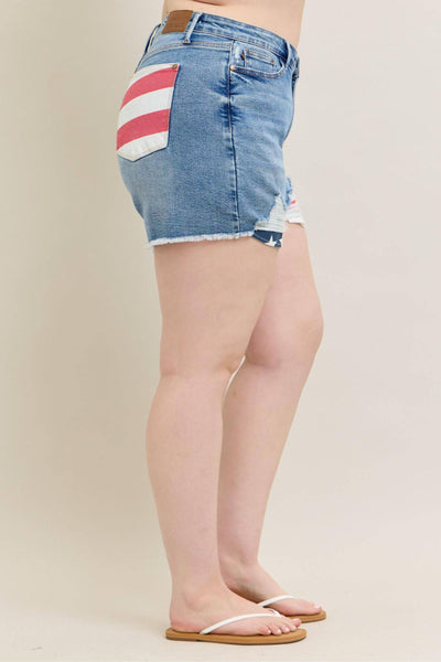 Judy Blue High Waist Front & Back Pocket American Flag Fray Hem Denim Short 150321-Shorts-Sunshine and Wine Boutique