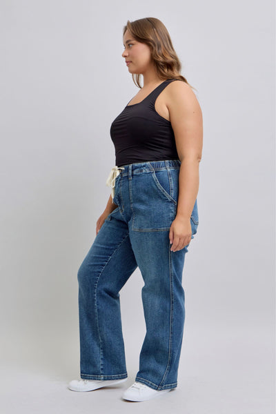 Judy Blue High Waist Drawstring Wide Leg Denim Jeans 88856-Jeans-Sunshine and Wine Boutique