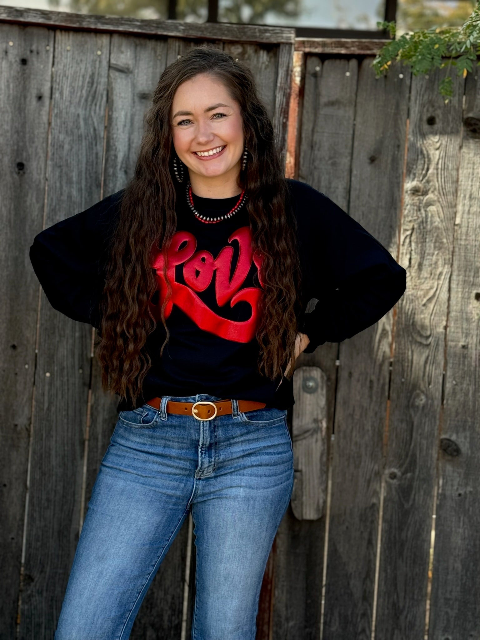 Texas True Threads Love in Metallic Red Puff Sweatshirt-Tees-Sunshine and Wine Boutique