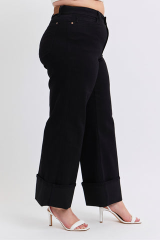 Judy Blue High Waist Retro Wide Leg Black Cuffed Denim Jeans 82617