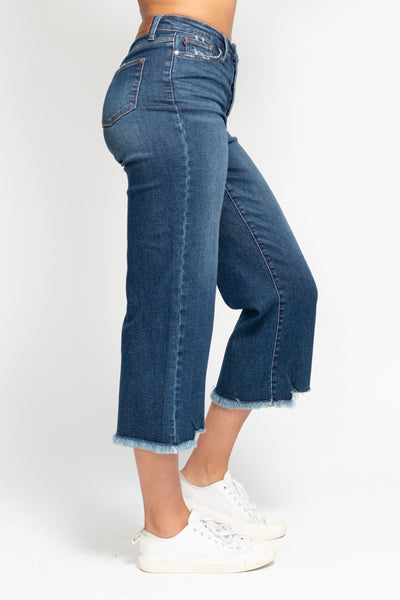 Judy Blue High Waist Button Fly Destroy Wide Leg Crop Denim Jeans 88887-Jeans-Sunshine and Wine Boutique