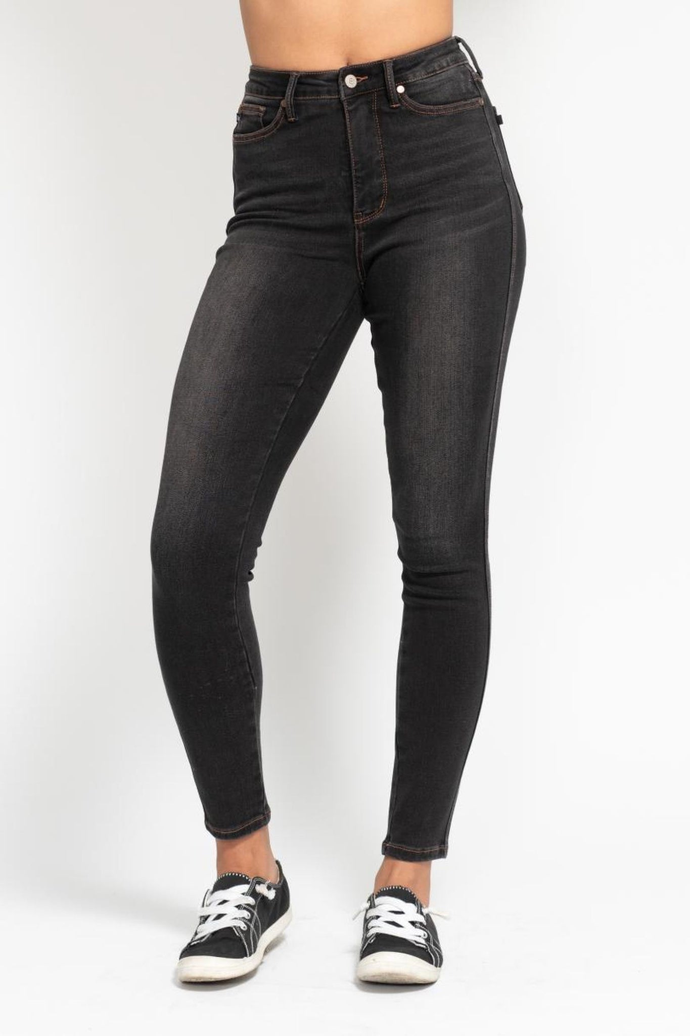 Judy Blue High Waist Tummy Control Black Wash & Contrast Thread Skinny 88768-Jeans-Sunshine and Wine Boutique