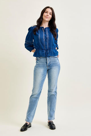 Judy Blue High Waist Tummy Control Contrast Wash Straight Denim Jeans 88794