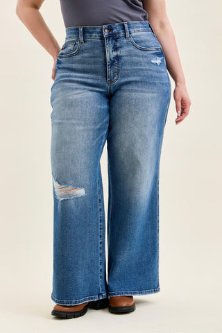 Judy Blue High Waist Tummy Control Leopard Waistband Lux Retro Wide Leg Denim Jeans 881192