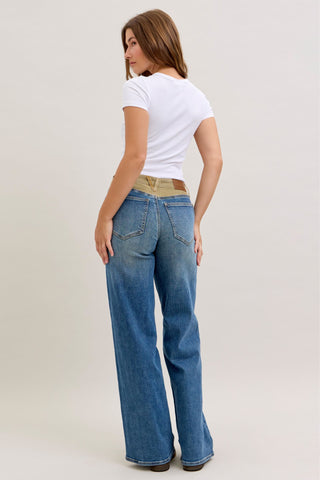 Judy Blue Mid Rise Corduroy Waist Column Straight Denim Jeans 881054