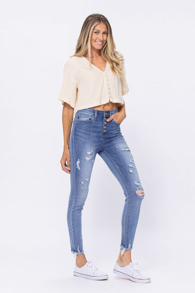 Judy Blue High Waist Destroyed Button Fly Skinny Denim 82263-Jeans-Sunshine and Wine Boutique