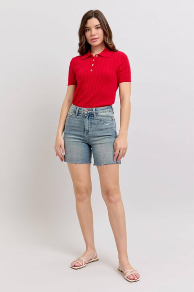 Judy Blue High Waist Vintage Wash Side Slit Denim Short 150296-Shorts-Sunshine and Wine Boutique