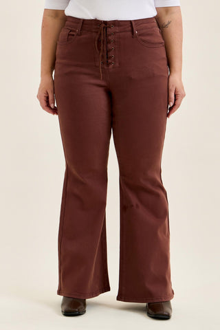 Judy Blue High Waist Cocoa Brown Lace Up Jaqueline Flare Denim Jeans 881179