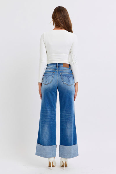 Judy Blue High Waist Retro Distressed Cuffed Wide Leg Jeans 82636 - Exclusive-Jeans-Sunshine and Wine Boutique