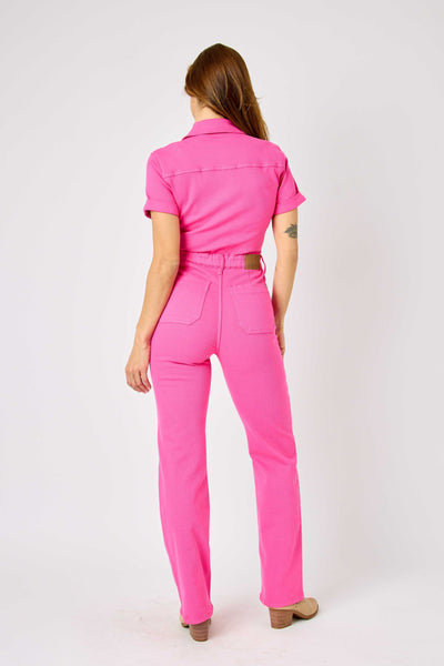 Judy Blue High Waist Garment Dyed Hot Pink Short Sleeve Straight Denim Jumpsuit 88834-Jeans-Sunshine and Wine Boutique