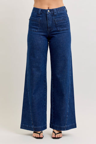 Judy Blue High Waist Patch Pockets & Twisted Seam Retro Wide Leg Denim Jeans 881092