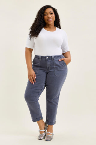 Judy Blue High Waist Aurora Weekender Garment Dyed Vintage Indigo Cuffed Slim Straight Jogger Denim Jeans 881194